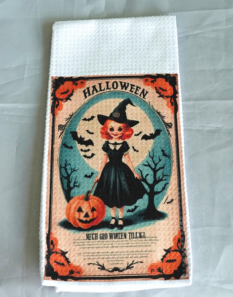 Vintage Witch Jack O Lantern Halloween Kitchen Towel | Gothic Absorbent Fabric Decor | Fall Home Decor | Halloween Gift | PumpkinTowel