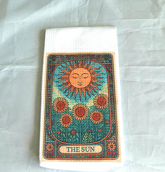 Tarot Card Kitchen Towel Sun and Sunflower Design, Gothic Halloween Dish Towel, Absorbent Fabric Decor, Mystical Autumn Home Accessory