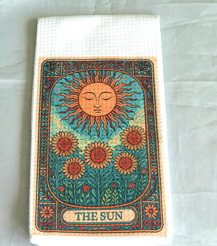 Tarot Card Kitchen Towel Sun and Sunflower Design, Gothic Halloween Dish Towel, Absorbent Fabric Decor, Mystical Autumn Home Accessory