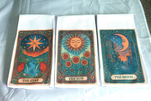 Tarot Card Kitchen Towel Sun and Sunflower Design, Gothic Halloween Dish Towel, Absorbent Fabric Decor, Mystical Autumn Home Accessory