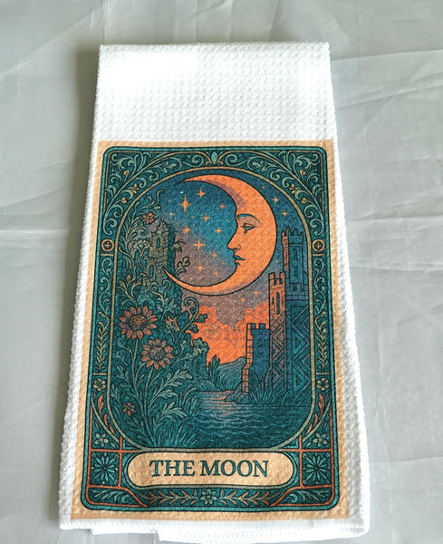 Moon Tarot Card Kitchen Towel, Gothic Halloween Dish Towel, Absorbent Fabric Decor, Mystical Autumn Home Accessory
