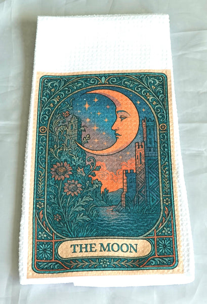 Moon Tarot Card Kitchen Towel, Gothic Halloween Dish Towel, Absorbent Fabric Decor, Mystical Autumn Home Accessory