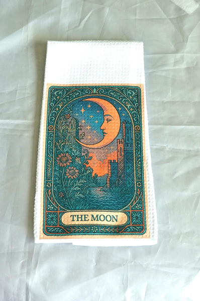 Moon Tarot Card Kitchen Towel, Gothic Halloween Dish Towel, Absorbent Fabric Decor, Mystical Autumn Home Accessory