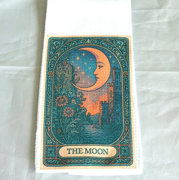 Moon Tarot Card Kitchen Towel, Gothic Halloween Dish Towel, Absorbent Fabric Decor, Mystical Autumn Home Accessory