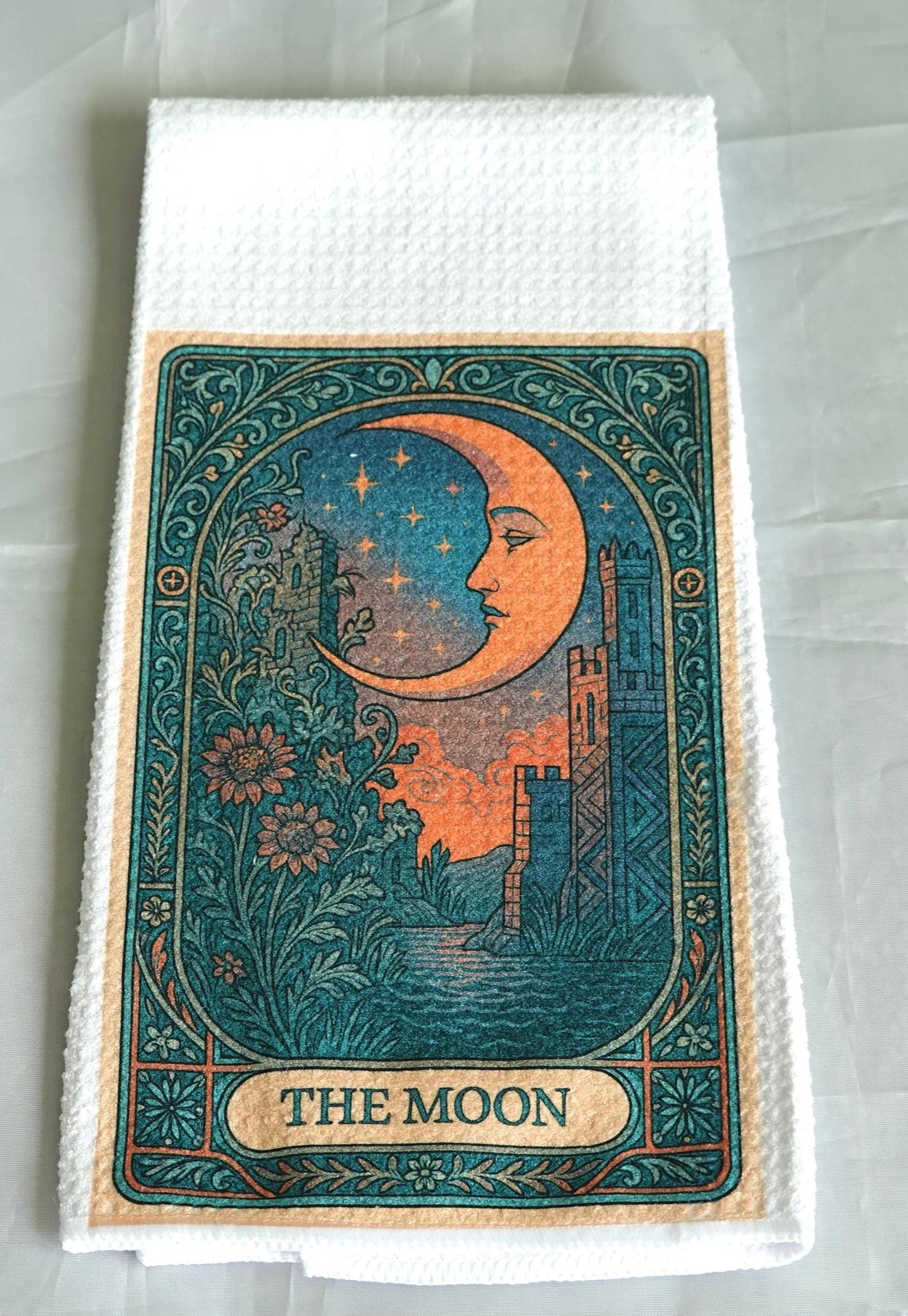 Moon Tarot Card Kitchen Towel, Gothic Halloween Dish Towel, Absorbent Fabric Decor, Mystical Autumn Home Accessory