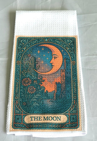 Moon Tarot Card Kitchen Towel, Gothic Halloween Dish Towel, Absorbent Fabric Decor, Mystical Autumn Home Accessory