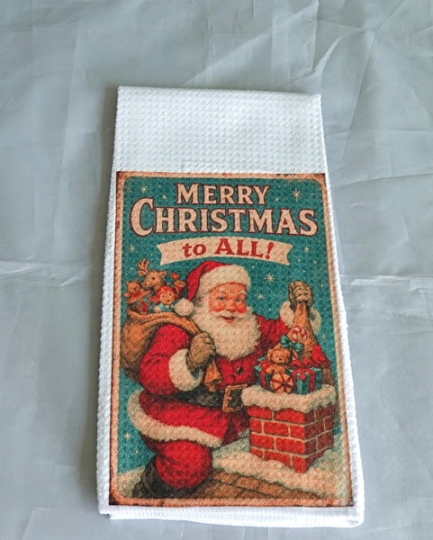 Vintage Santa Claus Christmas Kitchen Towel | Handmade Waffle Weave Holiday Decor, Reusable Gift, Nostalgic Vintage Christmas Kitchen Towel