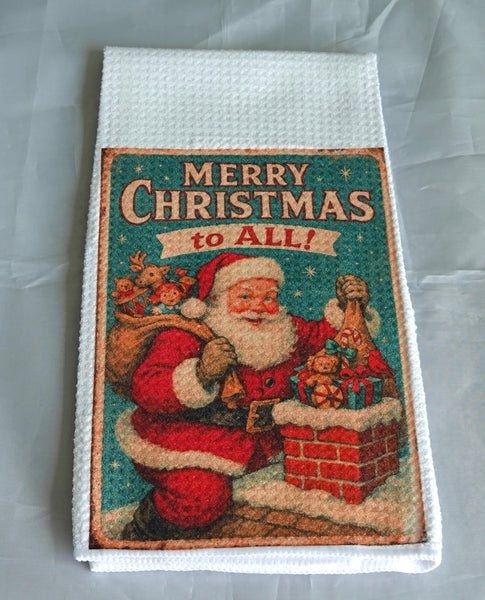 Vintage Santa Claus Christmas Kitchen Towel | Handmade Waffle Weave Holiday Decor, Reusable Gift, Nostalgic Vintage Christmas Kitchen Towel