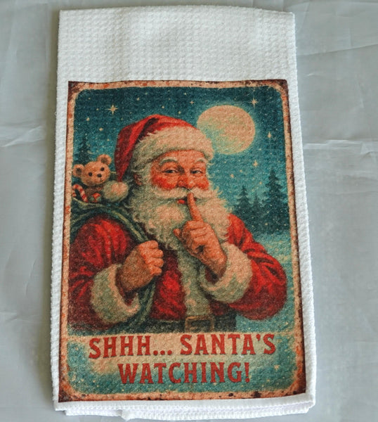 Vintage Santa's Watching Christmas Kitchen Towel, Handmade Waffle Weave Holiday Decor, Reusable Gift, Nostalgic Vintage Christmas Towel