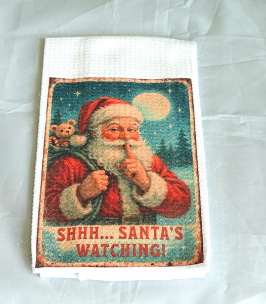 Vintage Santa's Watching Christmas Kitchen Towel, Handmade Waffle Weave Holiday Decor, Reusable Gift, Nostalgic Vintage Christmas Towel