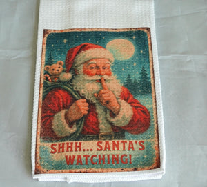 Vintage Santa's Watching Christmas Kitchen Towel, Handmade Waffle Weave Holiday Decor, Reusable Gift, Nostalgic Vintage Christmas Towel