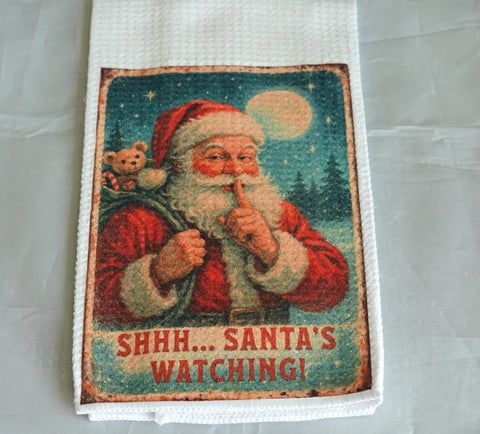 Vintage Santa's Watching Christmas Kitchen Towel, Handmade Waffle Weave Holiday Decor, Reusable Gift, Nostalgic Vintage Christmas Towel