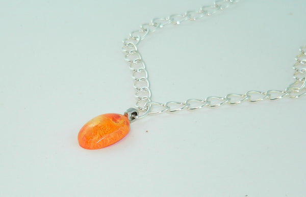 Fiery Orange Yellow Oval Resin Necklace, Unique Petri Effect, Handmade Statement Jewelry, Psychedelic Colorful Necklace