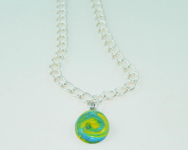 Brilliant Turquoise Yellow Oval Resin Necklace, Unique Swirled Petri Effect, Handmade Statement Jewelry, Psychedelic Colorful Necklace