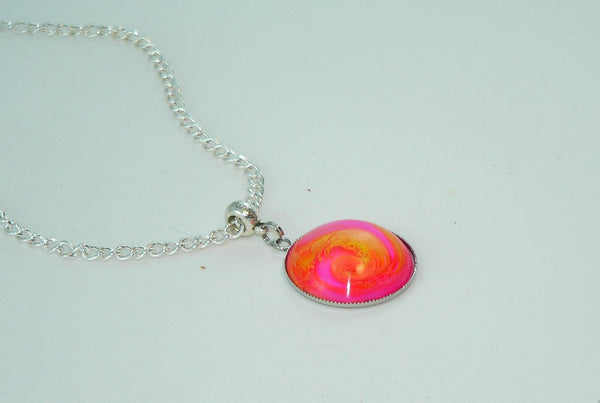 Vibrant Flamingo Pink Yellow Resin Necklace, Awesome Petri Effect, Handmade Statement Jewelry, Colorful Necklace