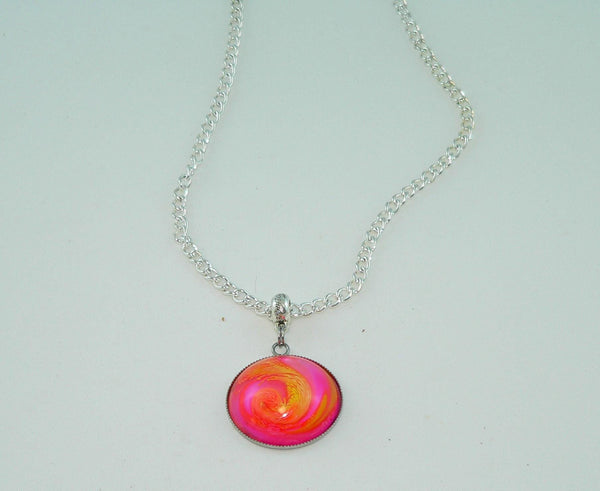 Vibrant Flamingo Pink Yellow Resin Necklace, Awesome Petri Effect, Handmade Statement Jewelry, Colorful Necklace