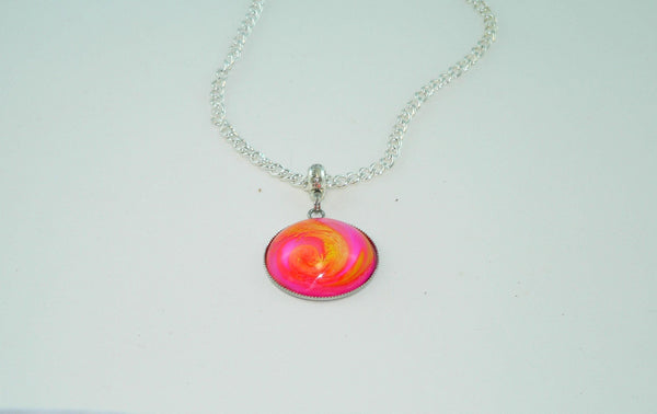 Vibrant Flamingo Pink Yellow Resin Necklace, Awesome Petri Effect, Handmade Statement Jewelry, Colorful Necklace