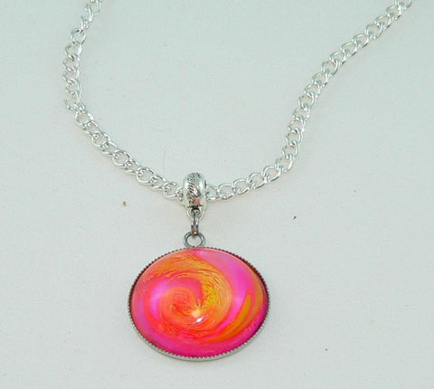 Vibrant Flamingo Pink Yellow Resin Necklace, Awesome Petri Effect, Handmade Statement Jewelry, Colorful Necklace