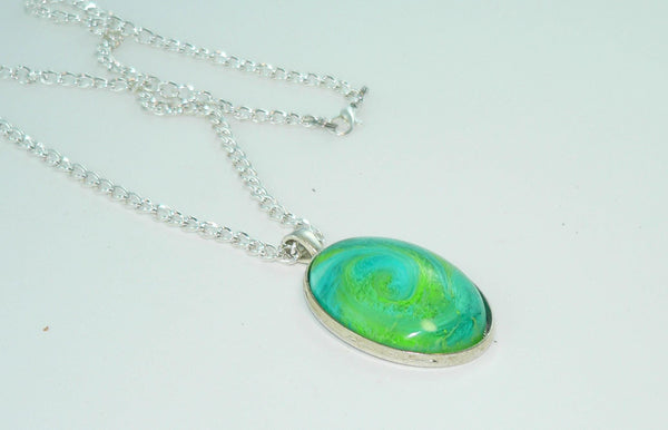 Large Oval Bright Green Turquoise Resin Necklace, Swirled Petri Effect, Handmade Statement Jewelry, Colorful Necklace