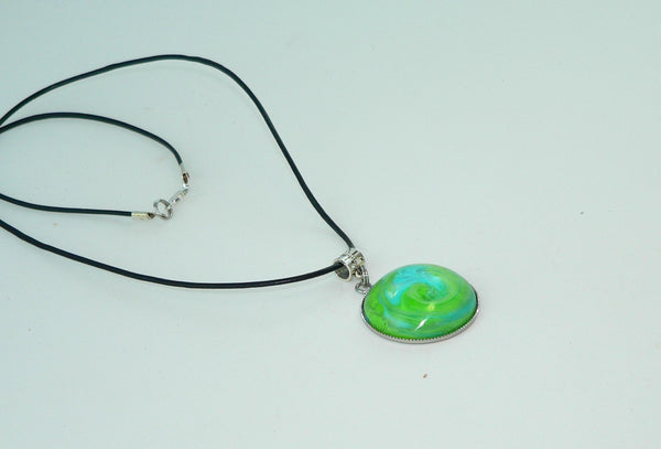 Large Oval Bright Green Turquoise Resin Necklace, Swirled Petri Effect, Handmade Statement Jewelry, Colorful Necklace