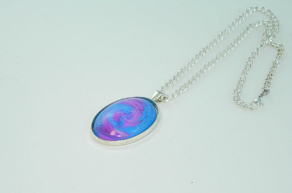 Large Oval Purple Blue Resin Necklace, Swirled Petri Effect, Handmade Statement Jewelry, Colorful Necklace