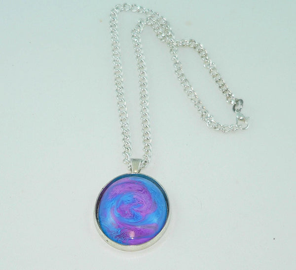 Large Oval Purple Blue Resin Necklace, Swirled Petri Effect, Handmade Statement Jewelry, Colorful Necklace