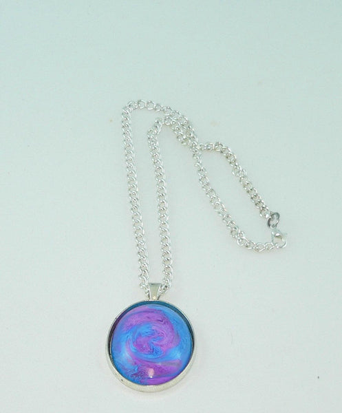 Large Oval Purple Blue Resin Necklace, Swirled Petri Effect, Handmade Statement Jewelry, Colorful Necklace