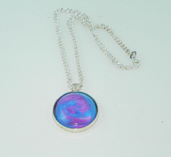 Large Oval Purple Blue Resin Necklace, Swirled Petri Effect, Handmade Statement Jewelry, Colorful Necklace