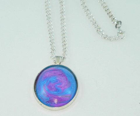 Large Oval Purple Blue Resin Necklace, Swirled Petri Effect, Handmade Statement Jewelry, Colorful Necklace