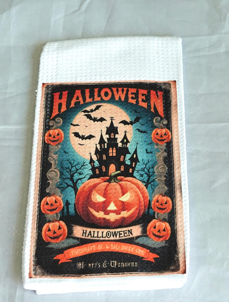 Jack O Lantern Halloween Kitchen Towel, Gothic Absorbent Fabric Decor, Haunted House, Pumpkin, Halloween Gift, Fall Home Decor