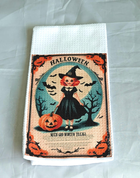 Vintage Witch Jack O Lantern Halloween Kitchen Towel | Gothic Absorbent Fabric Decor | Fall Home Decor | Halloween Gift | PumpkinTowel