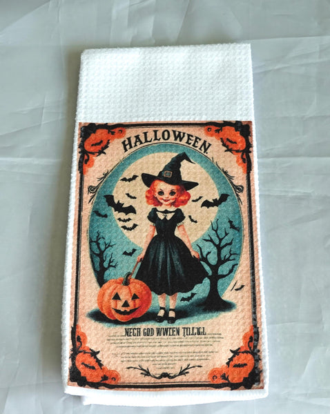 Vintage Witch Jack O Lantern Halloween Kitchen Towel | Gothic Absorbent Fabric Decor | Fall Home Decor | Halloween Gift | PumpkinTowel