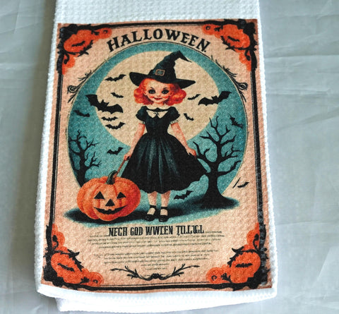 Vintage Witch Jack O Lantern Halloween Kitchen Towel | Gothic Absorbent Fabric Decor | Fall Home Decor | Halloween Gift | PumpkinTowel
