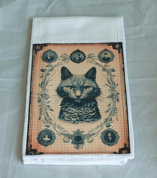 Black Cat Halloween Kitchen Towel, Gothic Absorbent Fabric Decor, Black Cat Art, Spooky Cat Gift, Halloween Home Decor