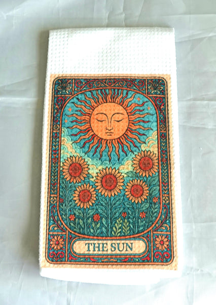 Tarot Card Kitchen Towel Sun and Sunflower Design, Gothic Halloween Dish Towel, Absorbent Fabric Decor, Mystical Autumn Home Accessory
