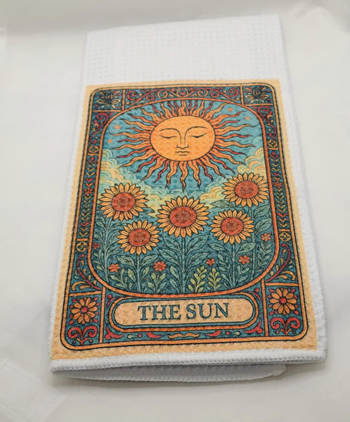 Tarot Card Kitchen Towel Sun and Sunflower Design, Gothic Halloween Dish Towel, Absorbent Fabric Decor, Mystical Autumn Home Accessory