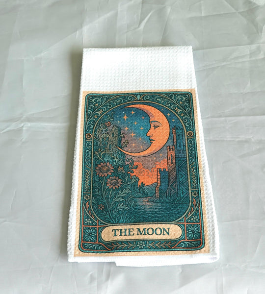 Moon Tarot Card Kitchen Towel, Gothic Halloween Dish Towel, Absorbent Fabric Decor, Mystical Autumn Home Accessory
