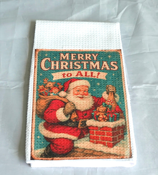 Vintage Santa Claus Christmas Kitchen Towel | Handmade Waffle Weave Holiday Decor, Reusable Gift, Nostalgic Vintage Christmas Kitchen Towel