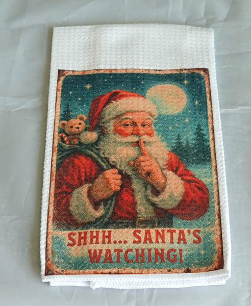 Vintage Santa's Watching Christmas Kitchen Towel, Handmade Waffle Weave Holiday Decor, Reusable Gift, Nostalgic Vintage Christmas Towel