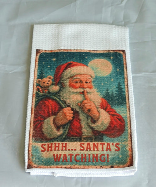 Vintage Santa's Watching Christmas Kitchen Towel, Handmade Waffle Weave Holiday Decor, Reusable Gift, Nostalgic Vintage Christmas Towel
