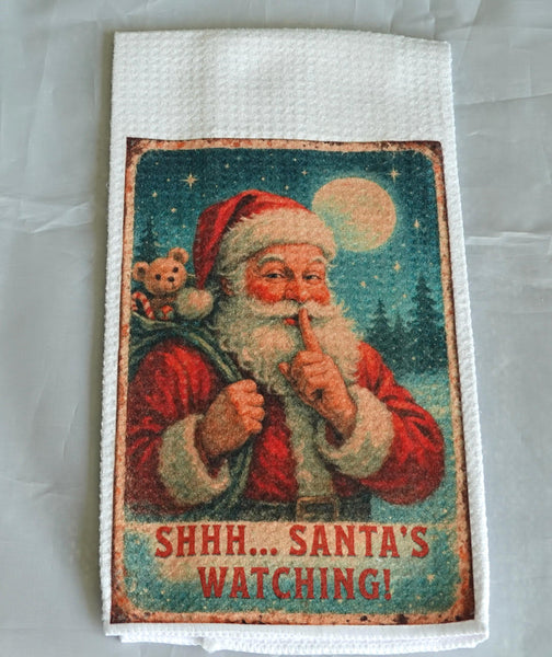 Vintage Santa's Watching Christmas Kitchen Towel, Handmade Waffle Weave Holiday Decor, Reusable Gift, Nostalgic Vintage Christmas Towel