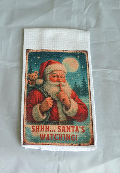 Vintage Santa's Watching Christmas Kitchen Towel, Handmade Waffle Weave Holiday Decor, Reusable Gift, Nostalgic Vintage Christmas Towel